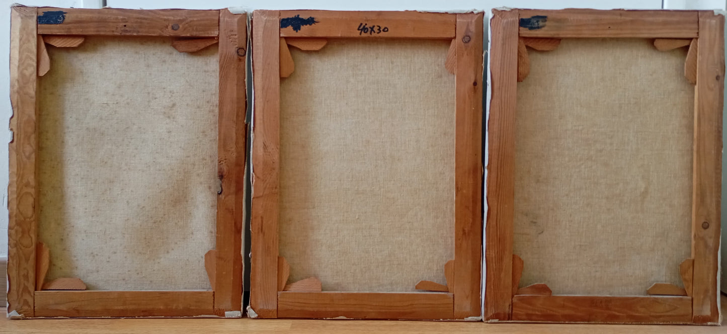 Three paintings. Birds on a branch