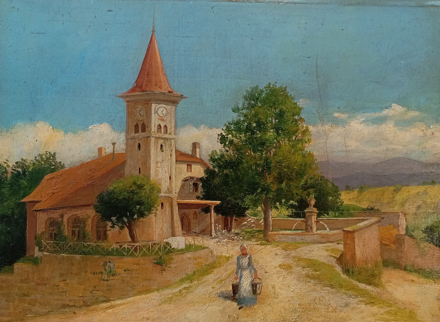 Tableau ancien. Scène de village