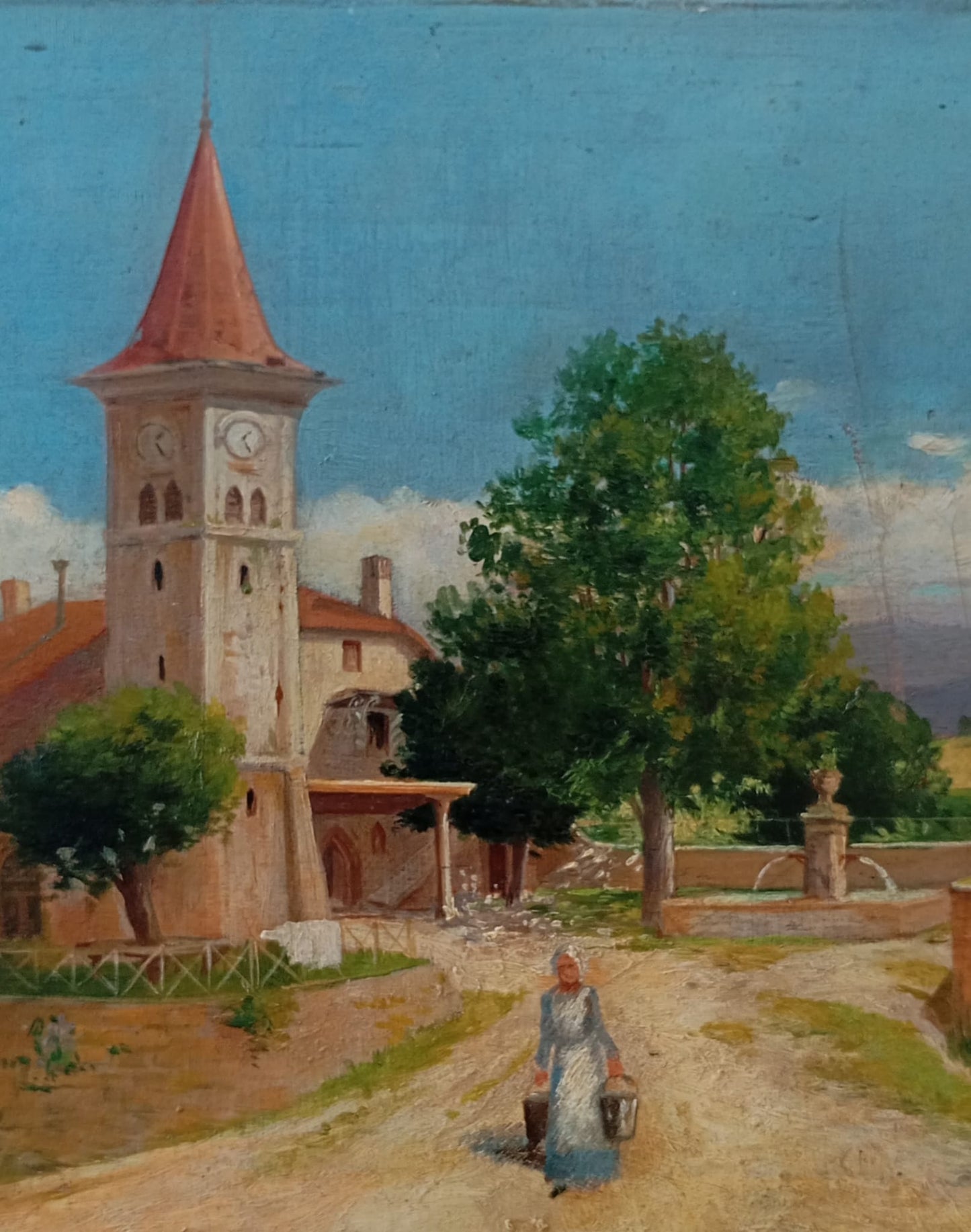 Tableau ancien. Scène de village