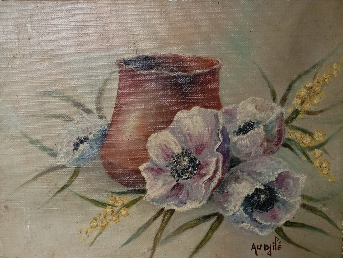 Small still life. Earthenware pot and anemones
