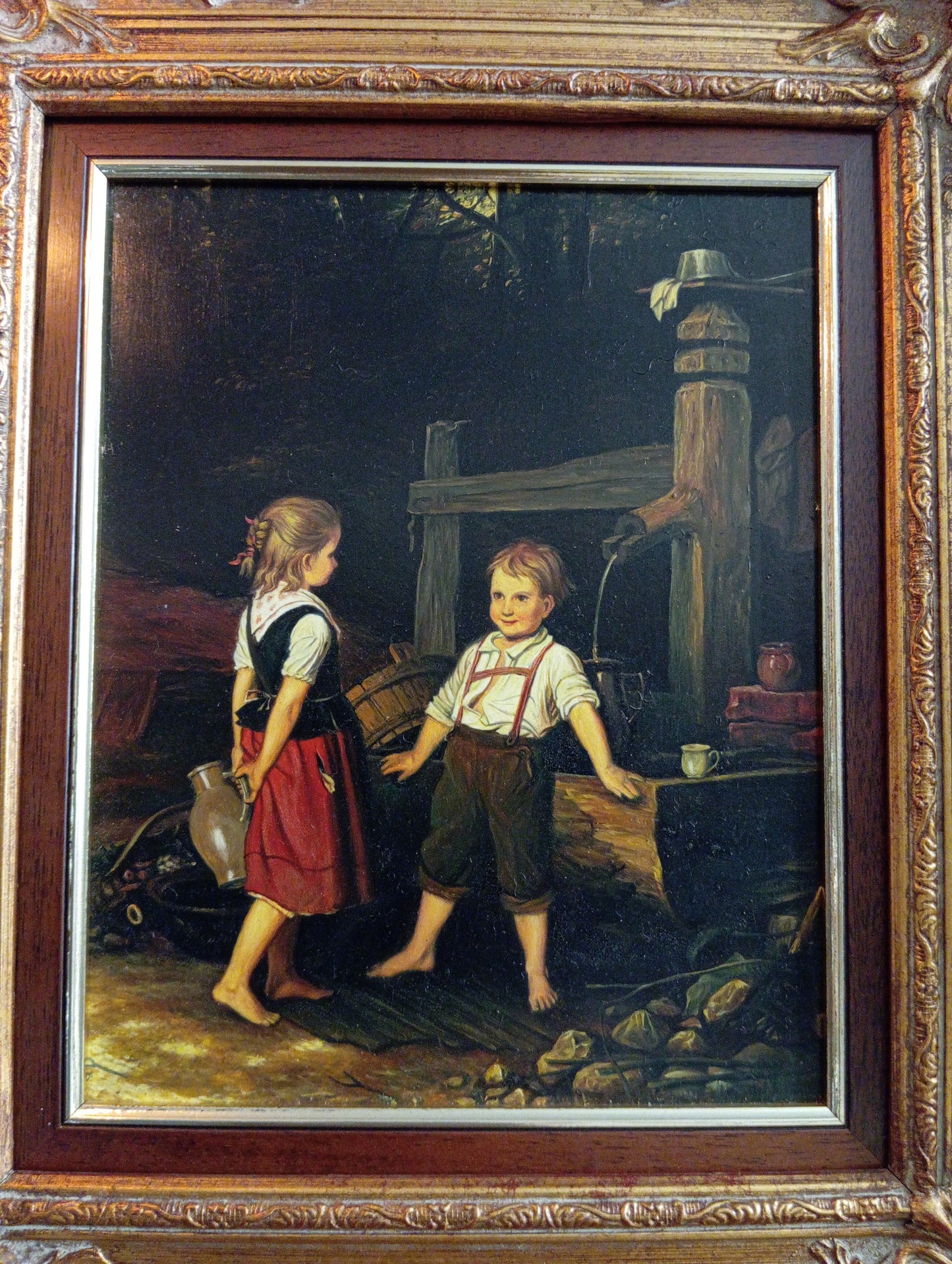 Peinture scène de vie. Enfants à la fontaine