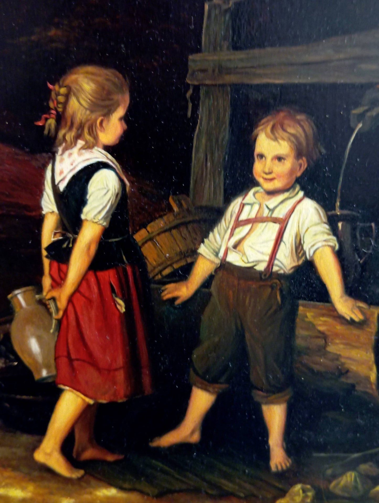 Peinture scène de vie. Enfants à la fontaine