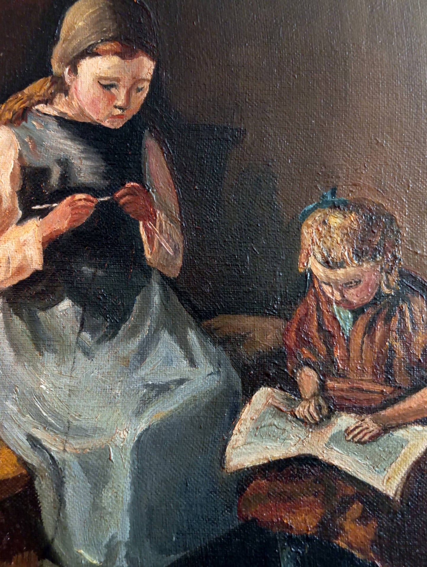 Painting scene of life. Two little girls in their daily life