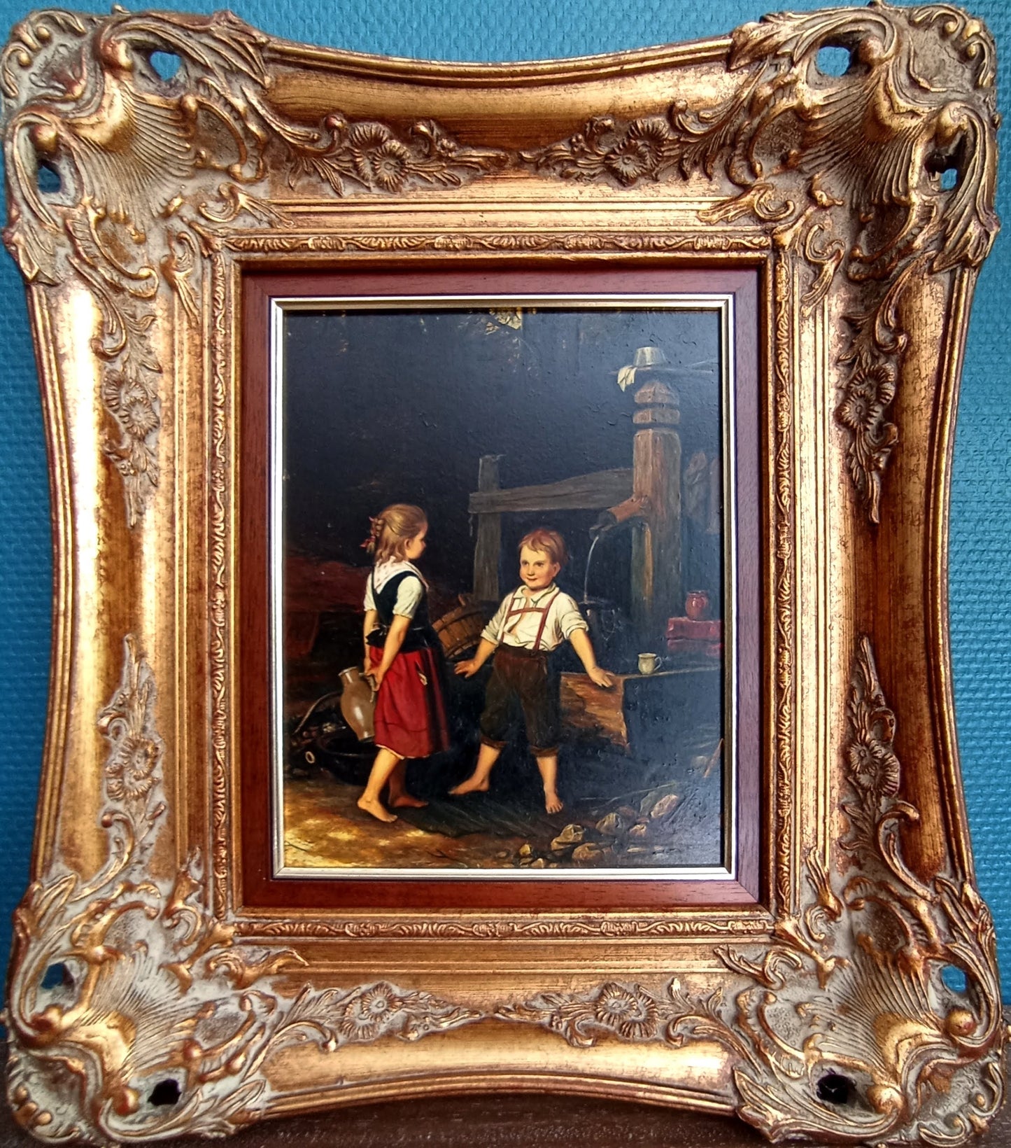 Peinture scène de vie. Enfants à la fontaine