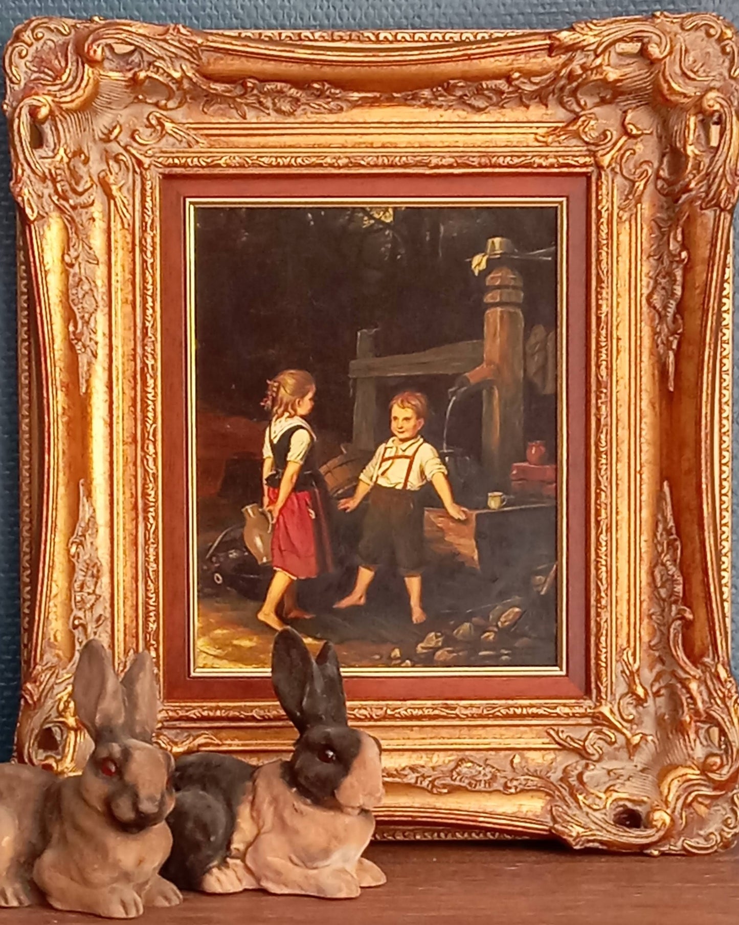 Peinture scène de vie. Enfants à la fontaine