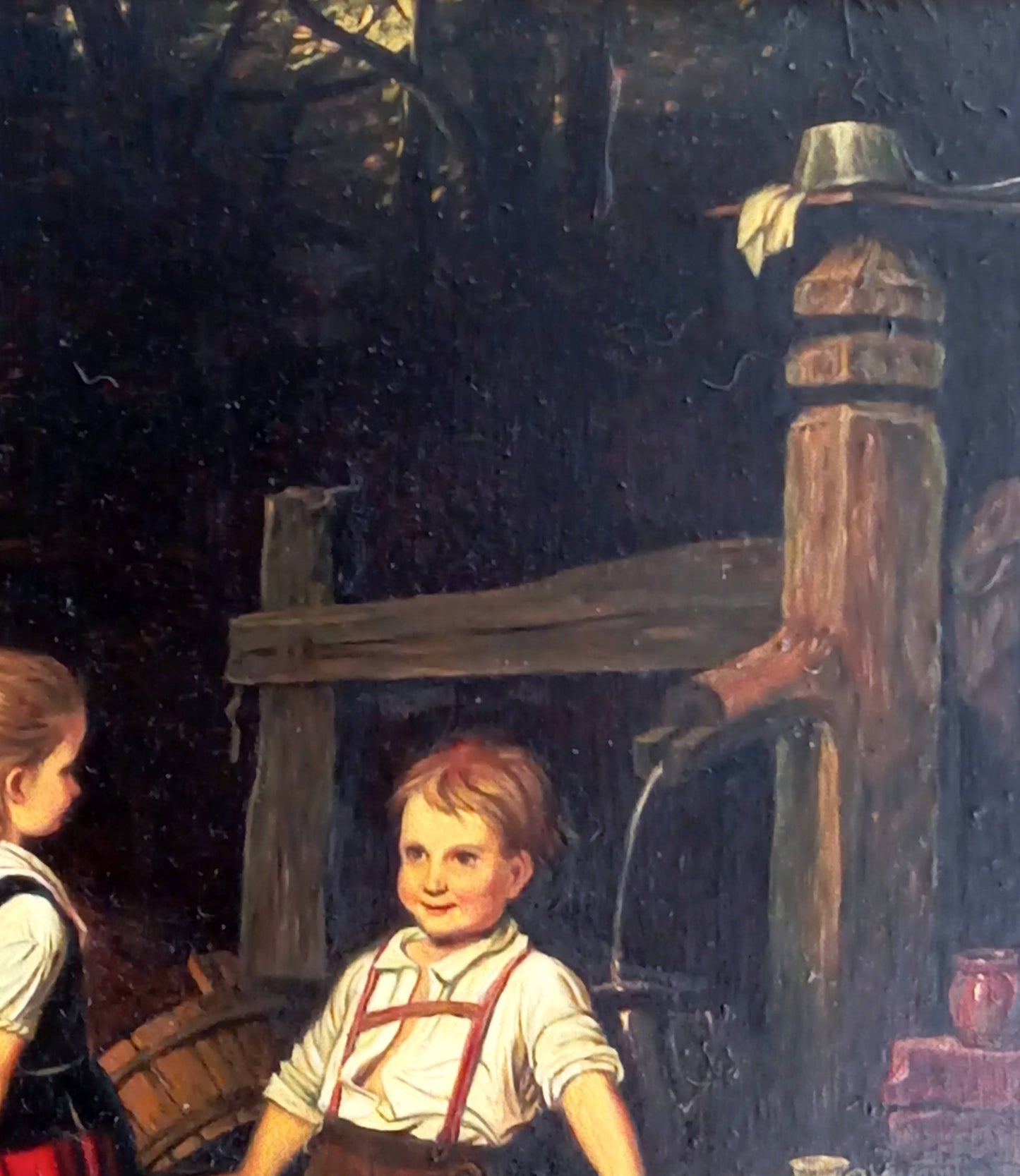 Peinture scène de vie. Enfants à la fontaine