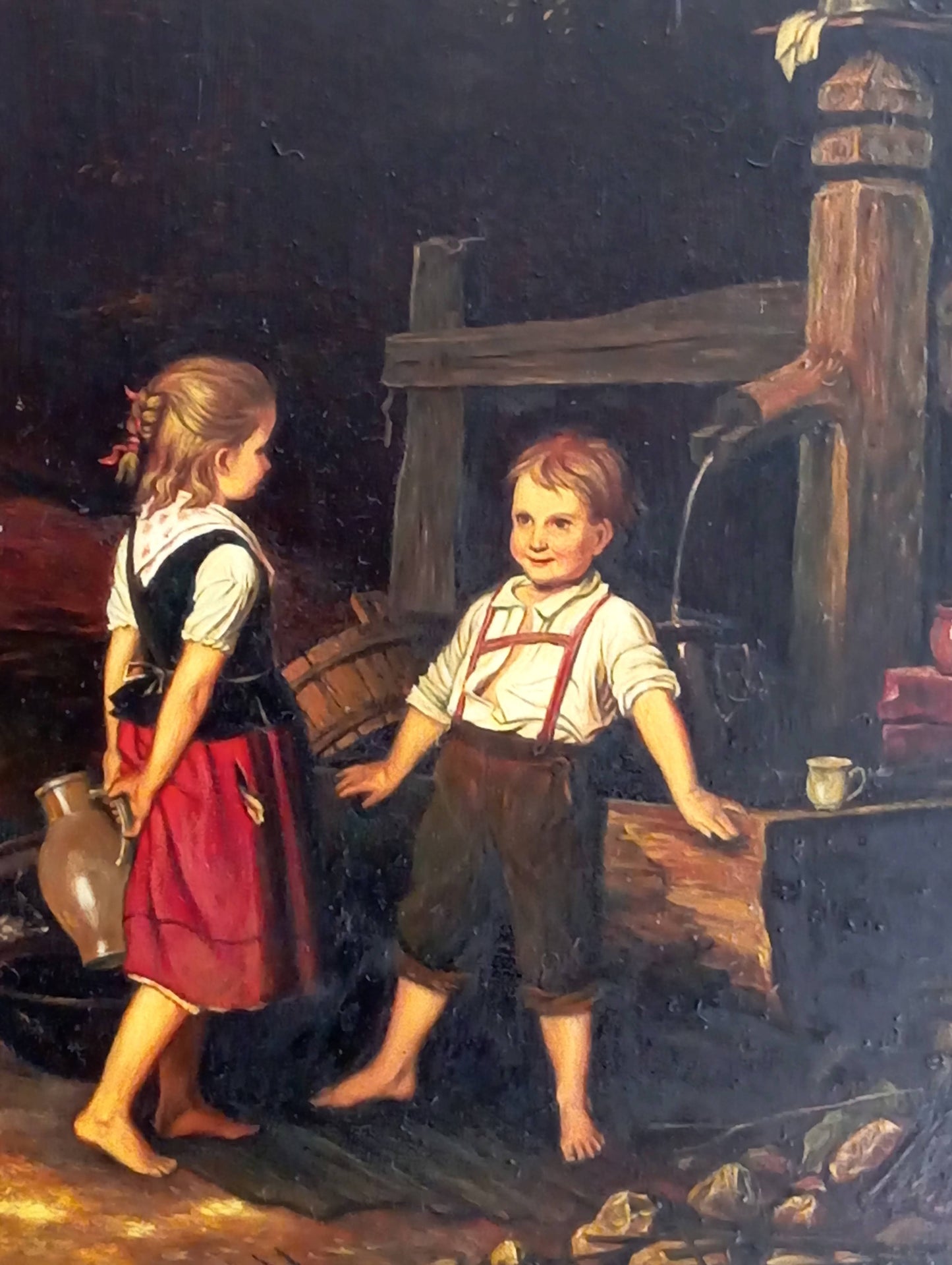 Peinture scène de vie. Enfants à la fontaine
