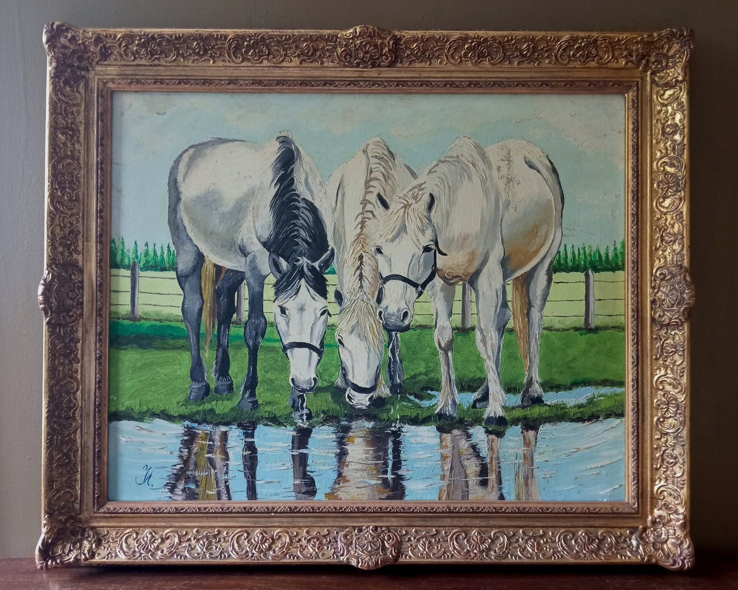 Peinture animalière. Chevaux qui se désaltèrent.