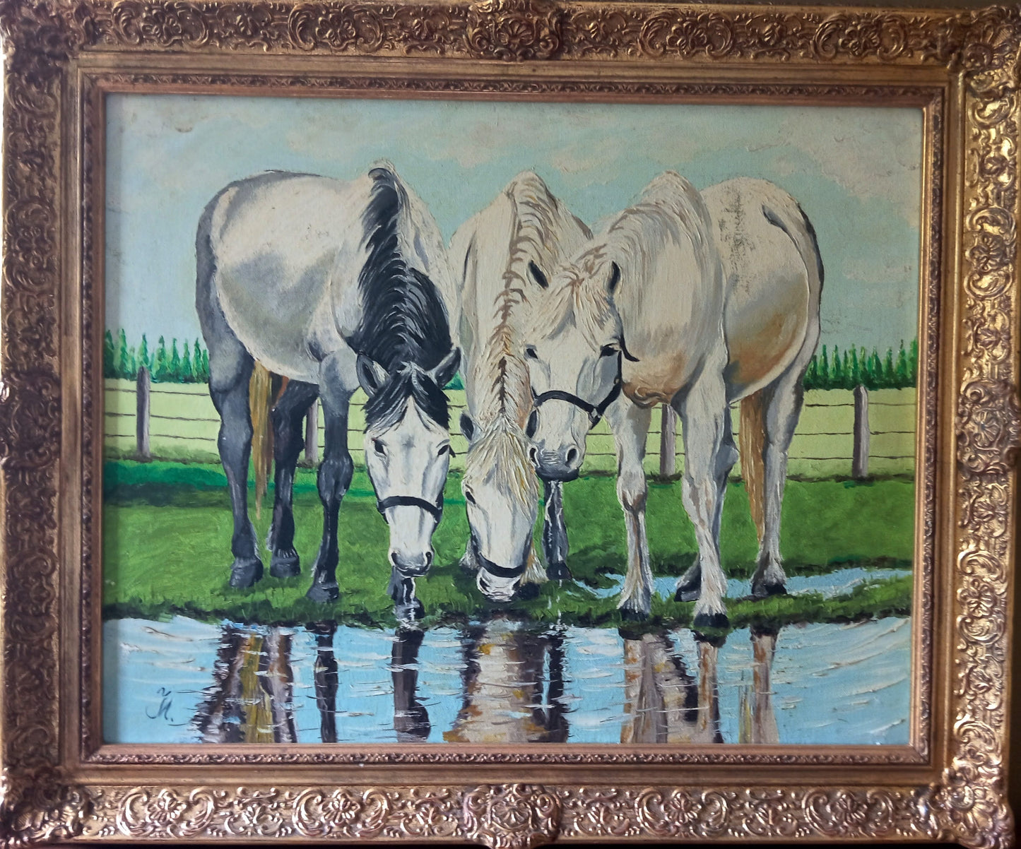 Peinture animalière. Chevaux qui se désaltèrent.