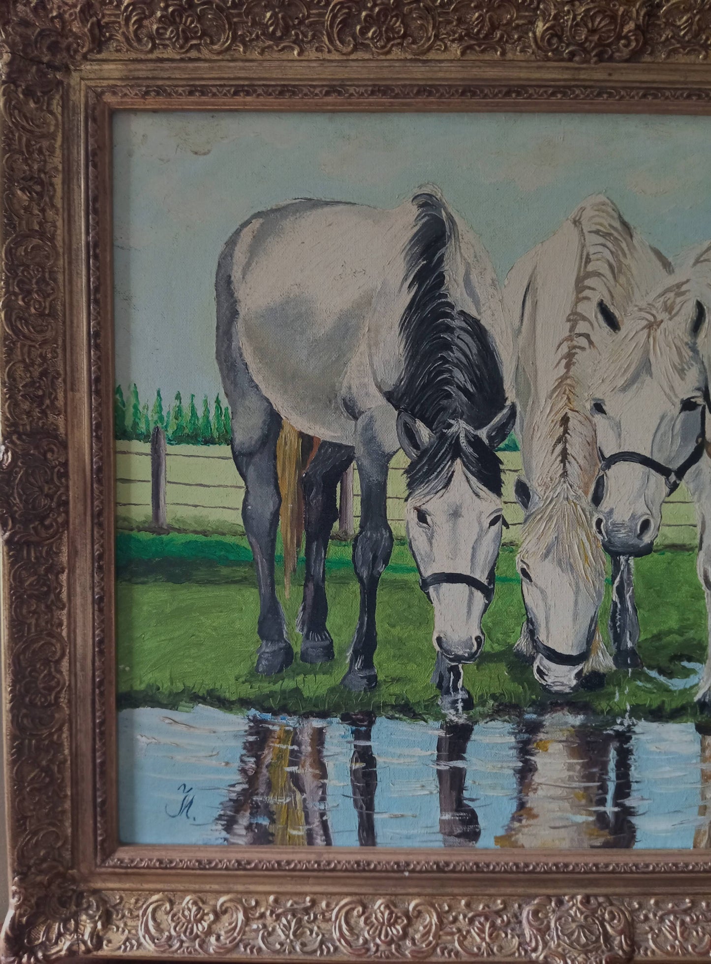 Peinture animalière. Chevaux qui se désaltèrent.