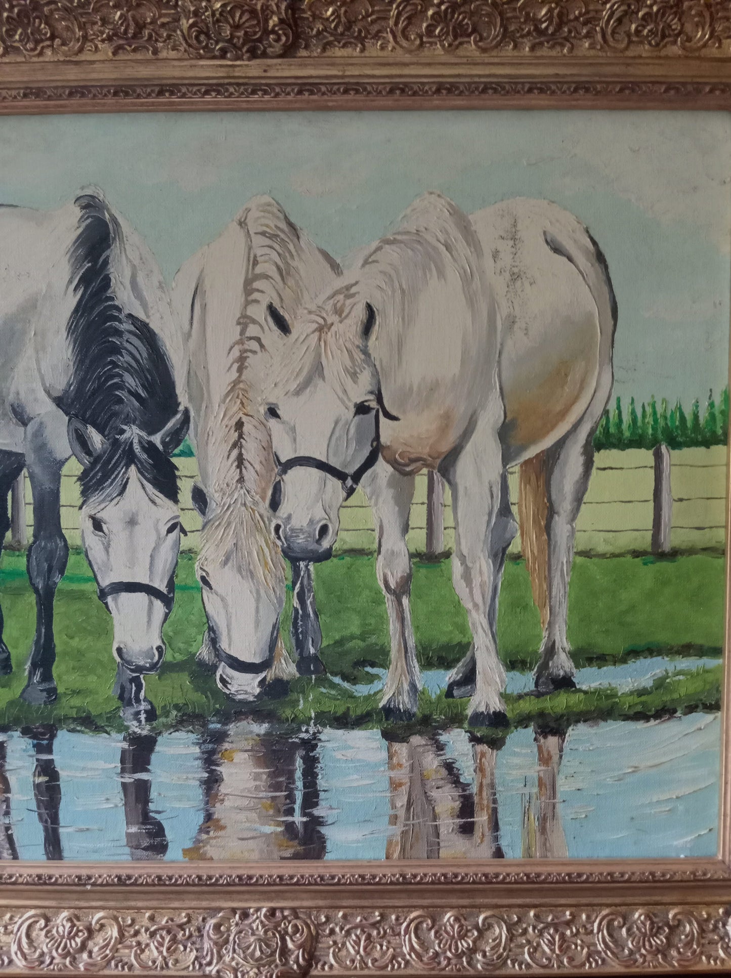 Peinture animalière. Chevaux qui se désaltèrent.