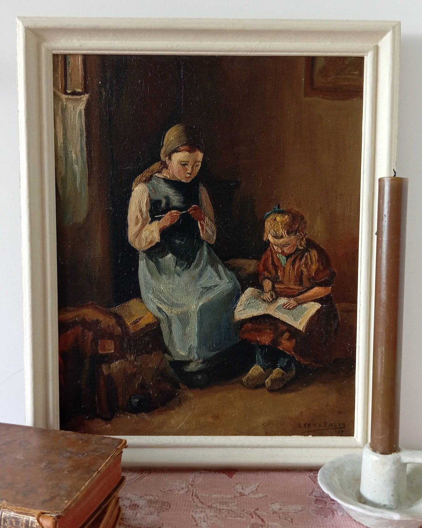Painting scene of life. Two little girls in their daily life