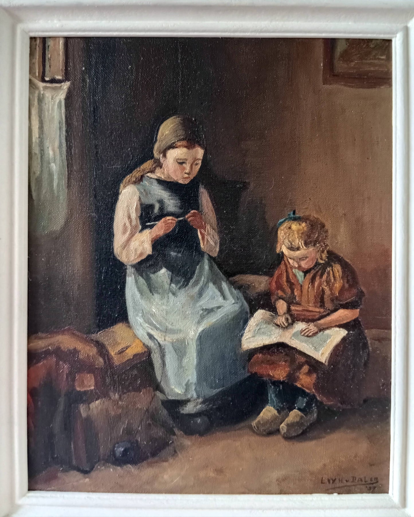Painting scene of life. Two little girls in their daily life
