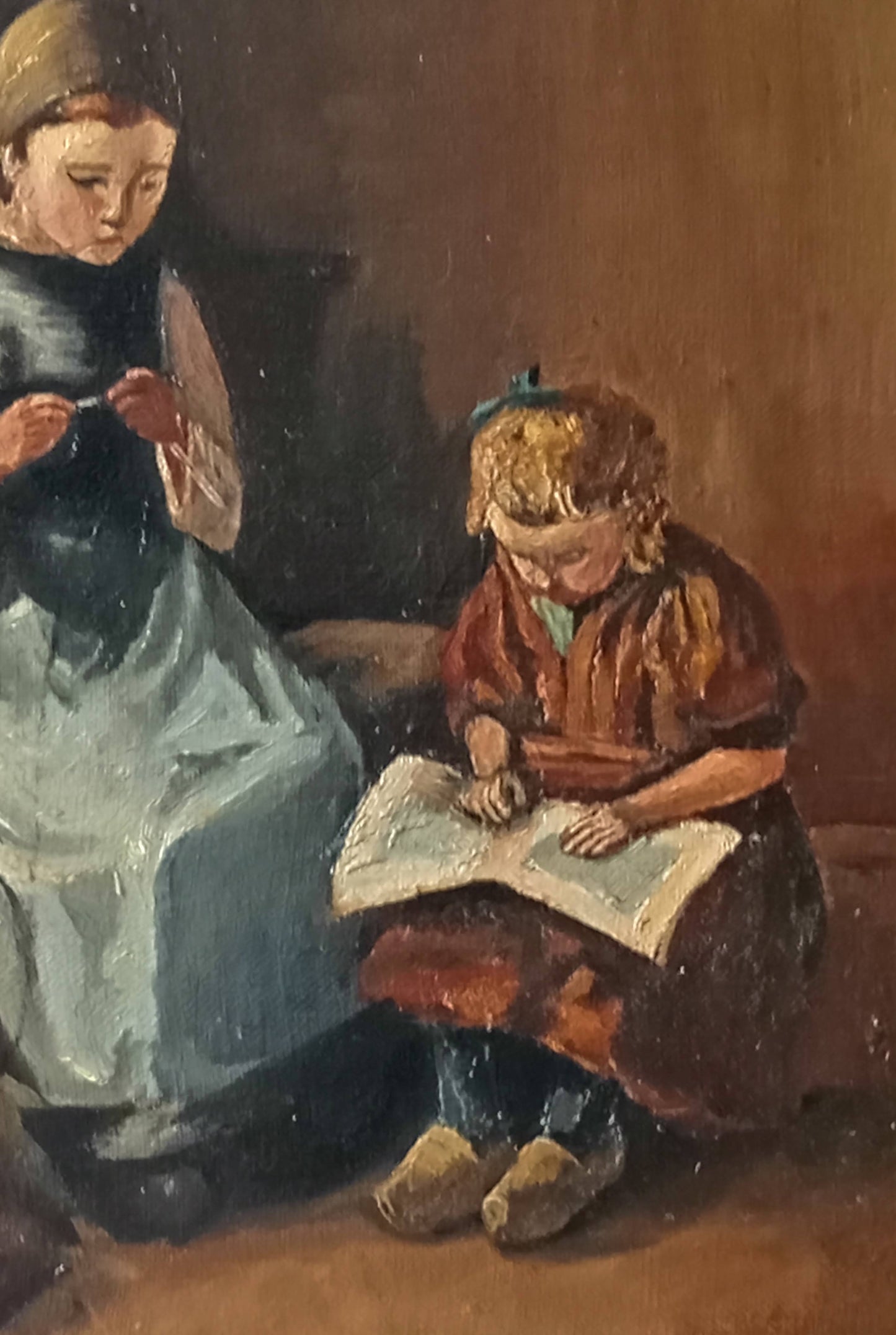 Painting scene of life. Two little girls in their daily life