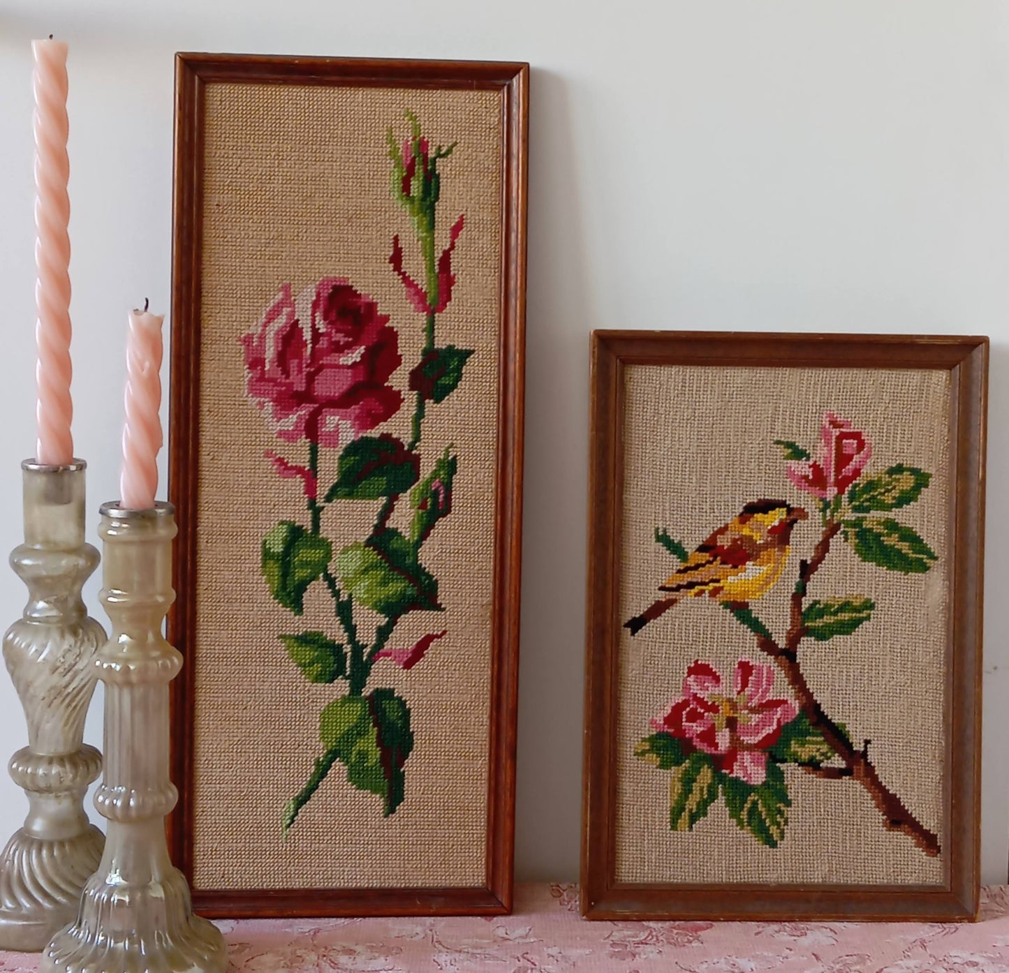 Pair of bird and rose canvases