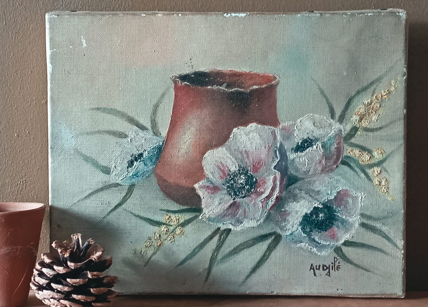 Small still life. Earthenware pot and anemones