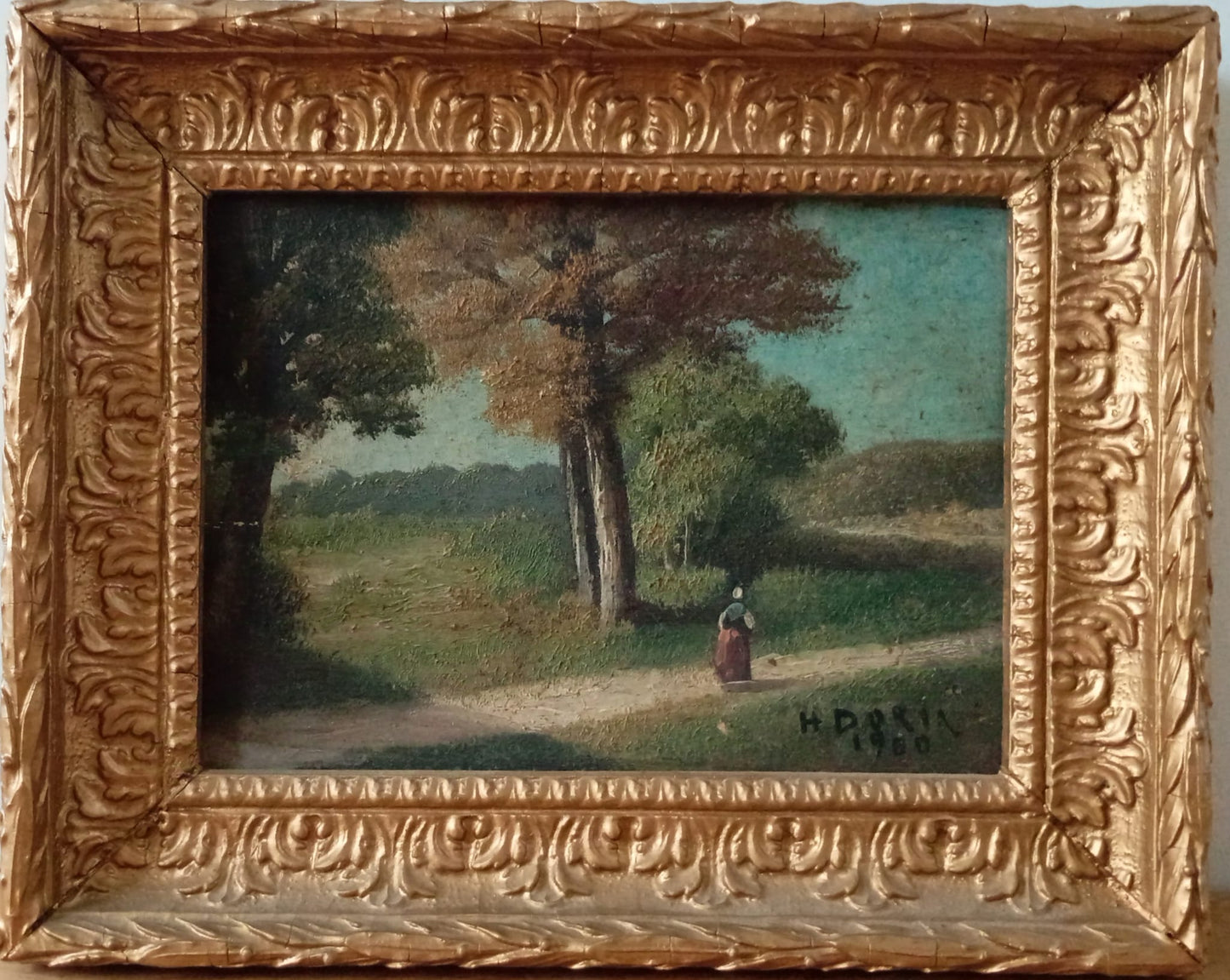 Paire de tableaux anciens. Couple de promeneurs dans la nature