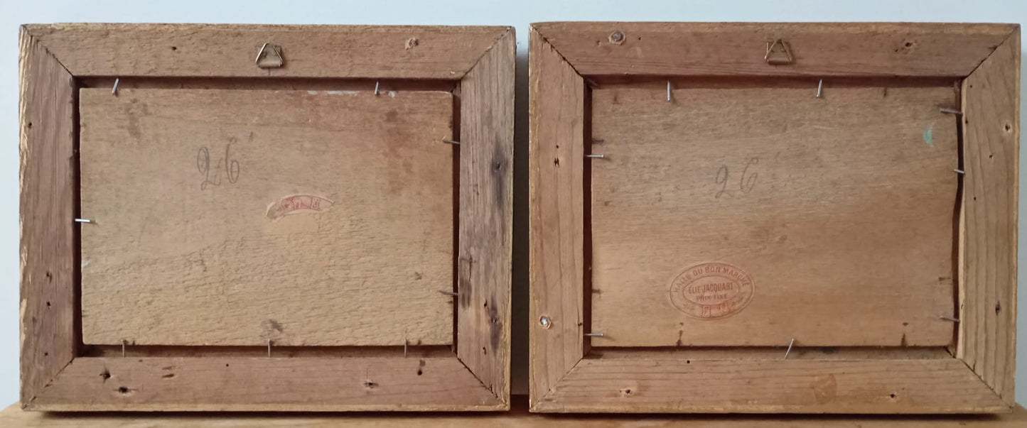 Pair of old paintings. Couple of walkers in nature