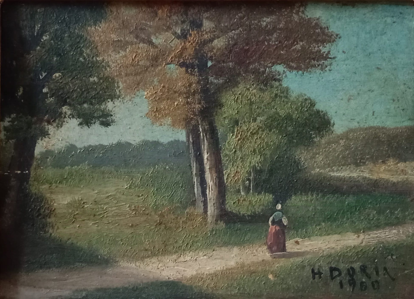 Paire de tableaux anciens. Couple de promeneurs dans la nature