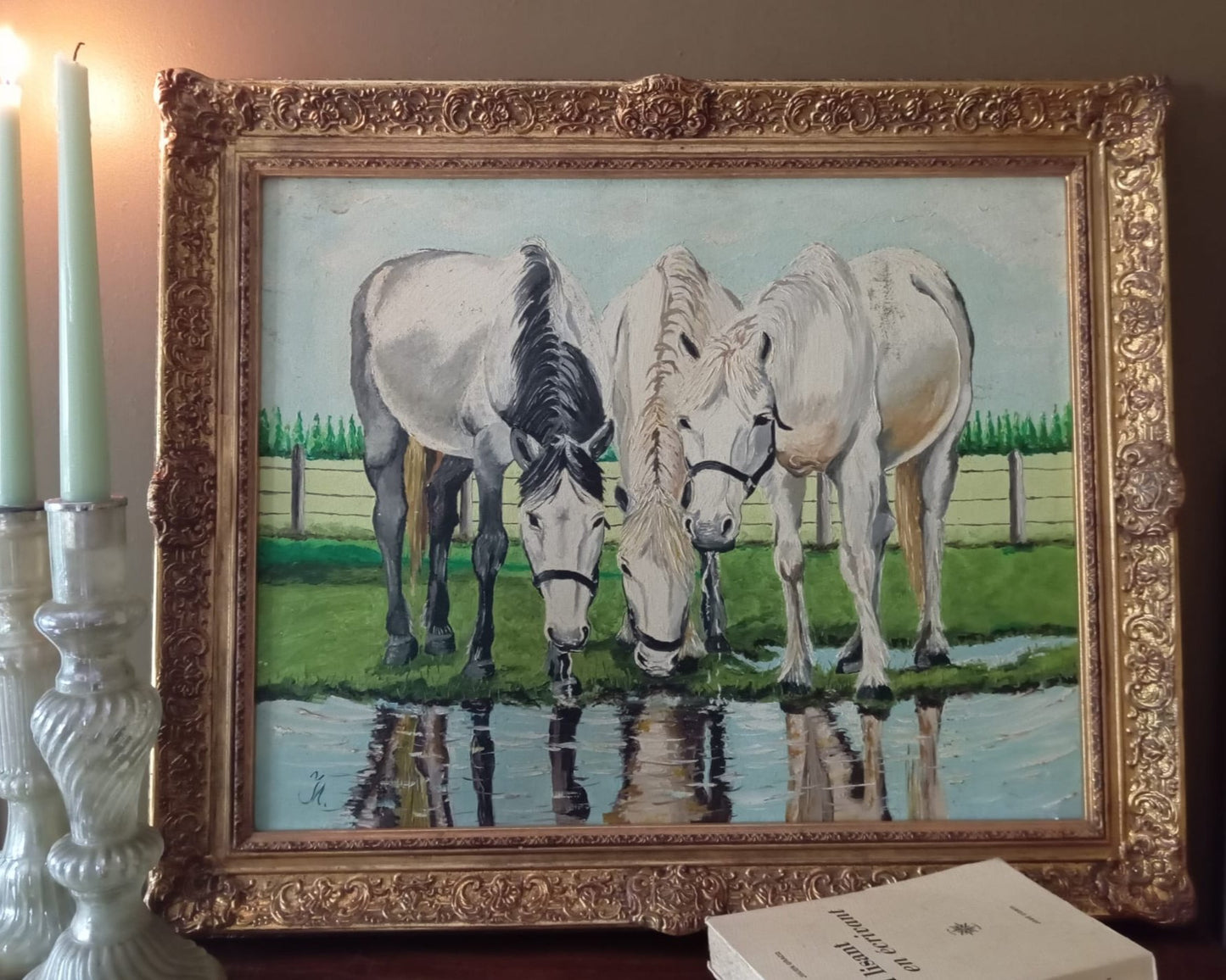 Peinture animalière. Chevaux qui se désaltèrent.