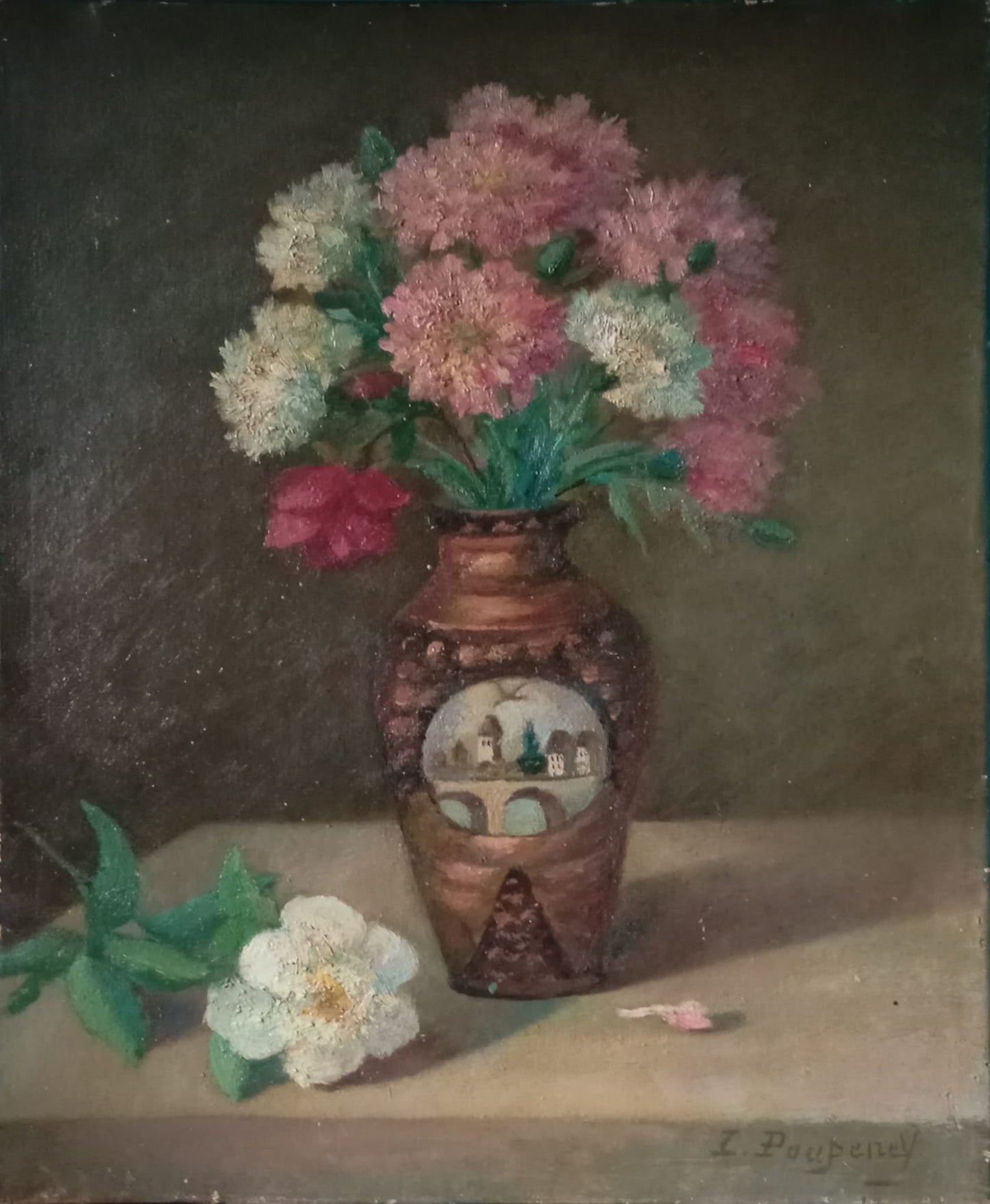 Nature morte. Bouquet d'oeillets dans un vase