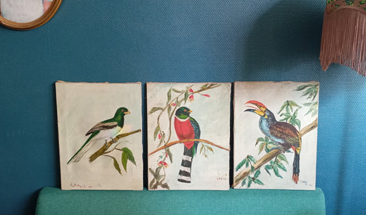 Trois tableaux. Oiseaux sur une branche