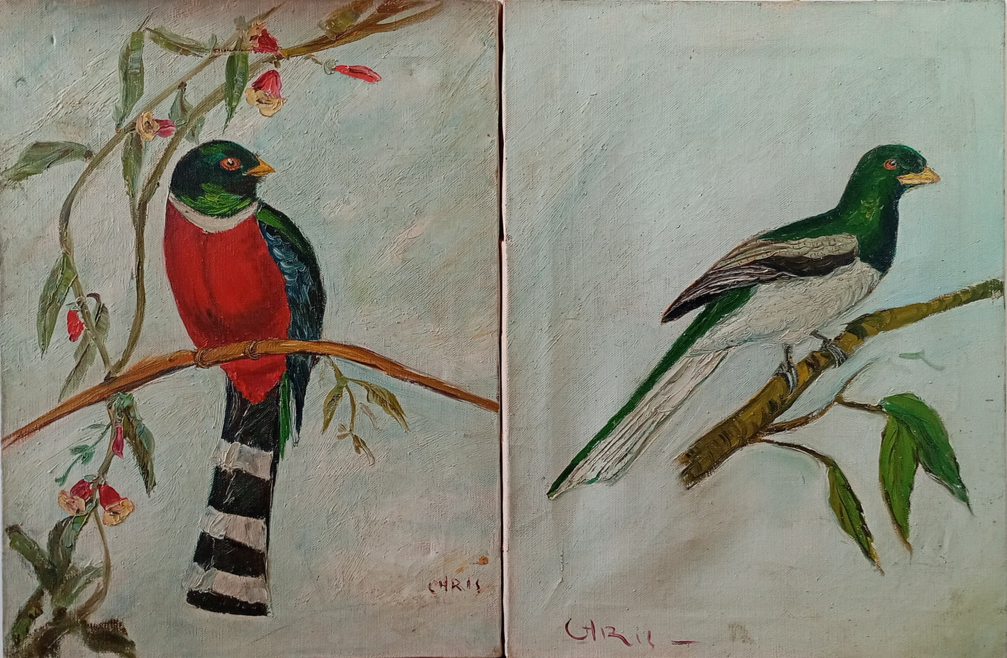 Trois tableaux. Oiseaux sur une branche