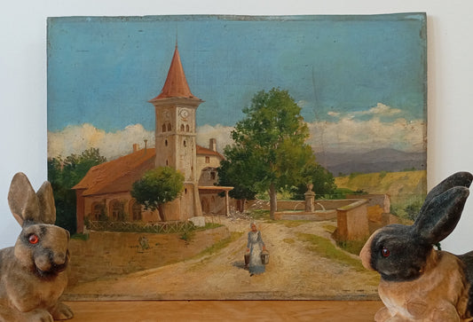 Tableau ancien. Scène de village