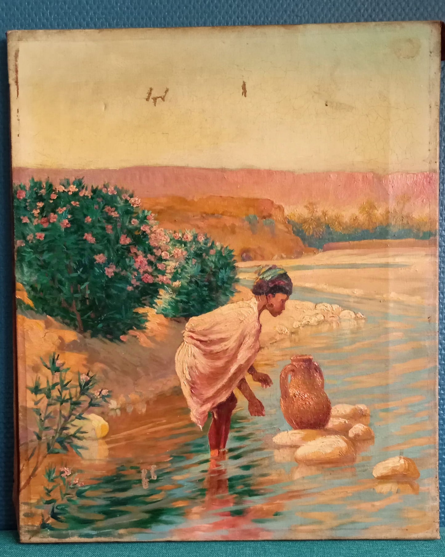Tableau ancien d'une jeune fille à la rivière