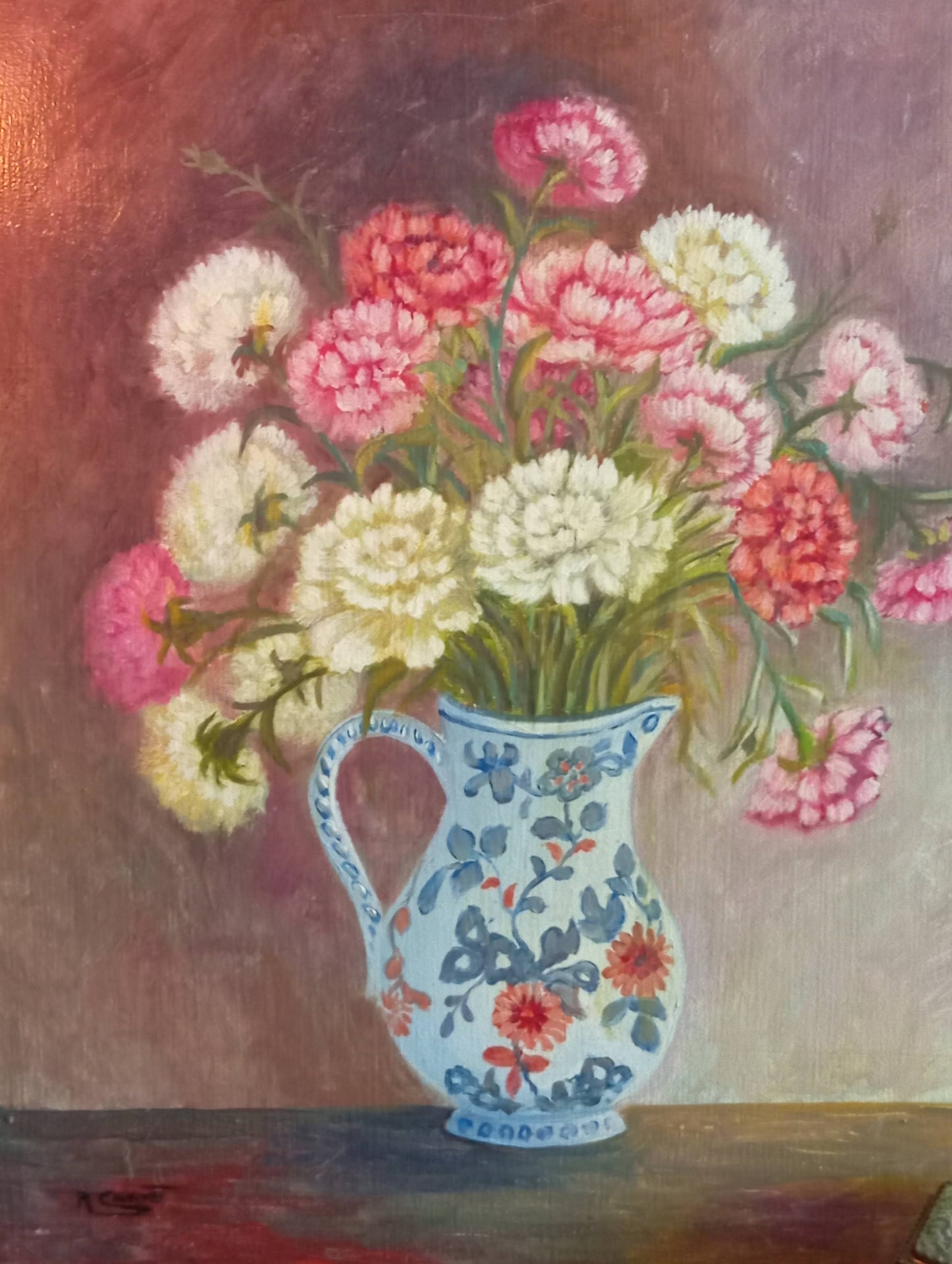 Nature morte. Bouquet d'oeillets dans un vase