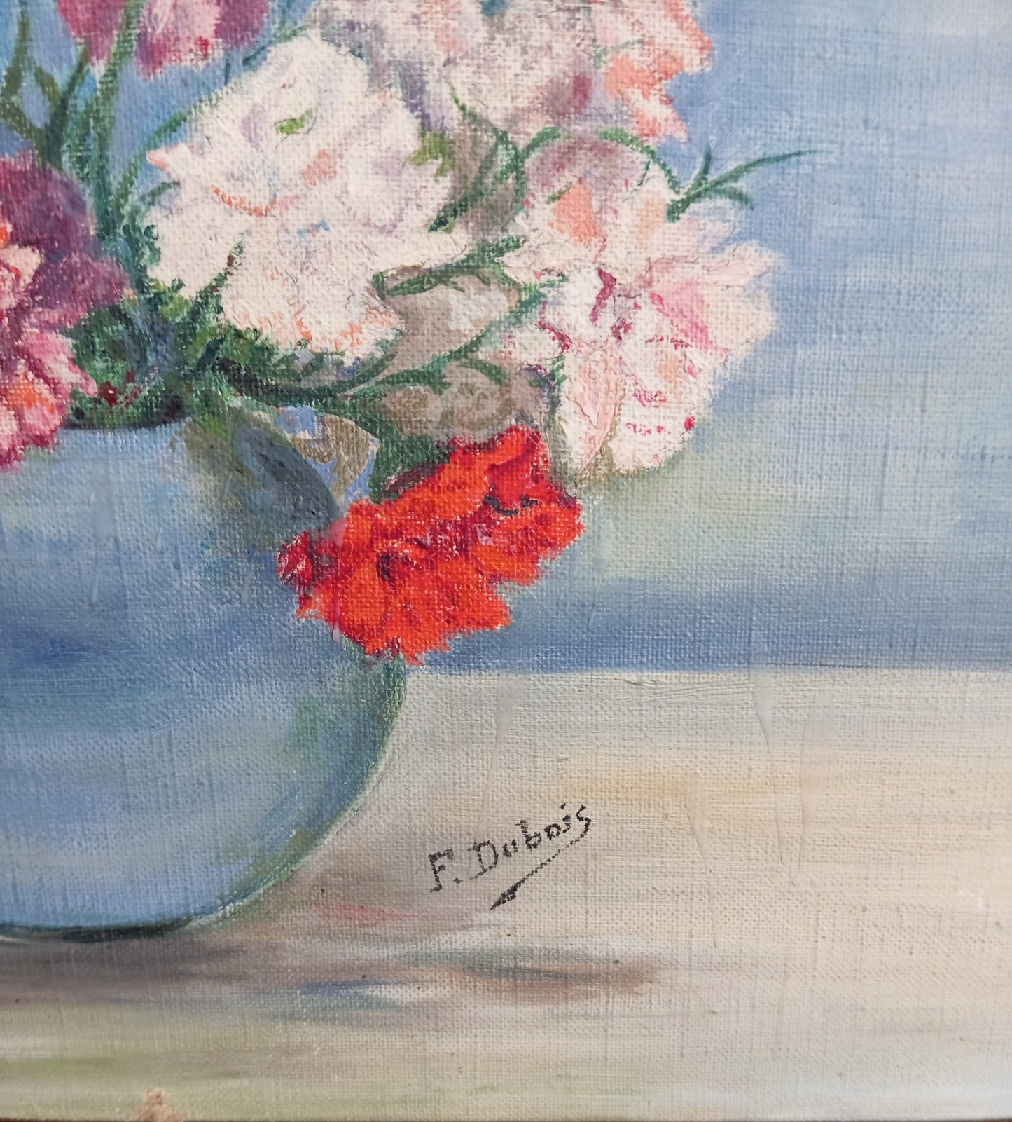 Nature morte. Bouquet d'oeillets dans un vase