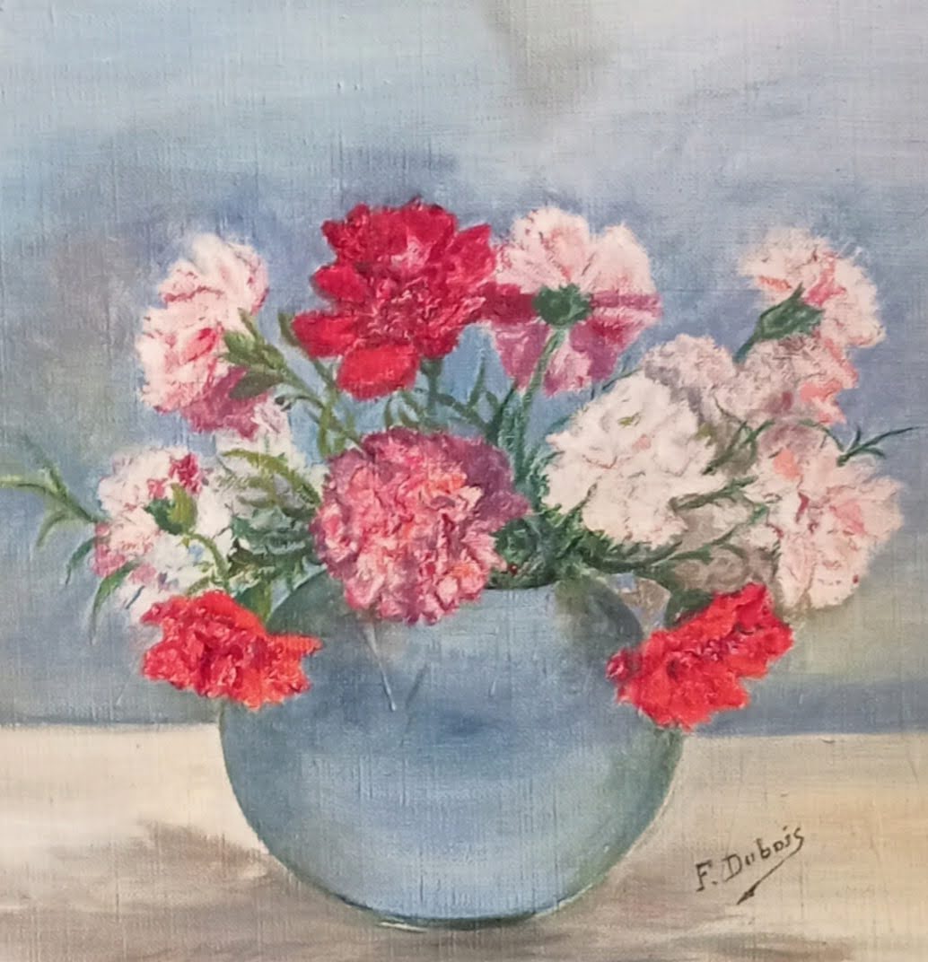 Nature morte. Bouquet d'oeillets dans un vase