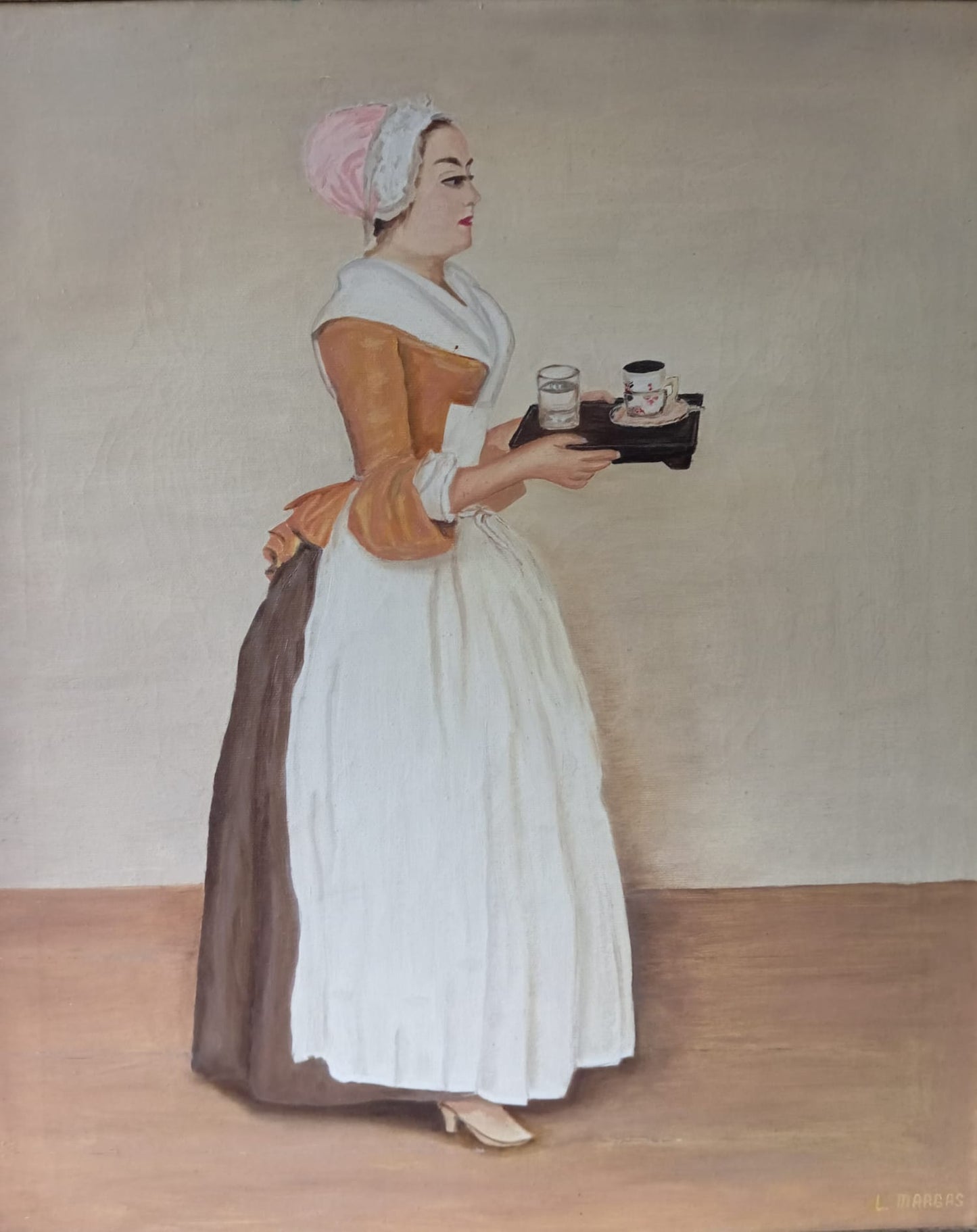 Portrait d'une femme de chambre portant un plateau