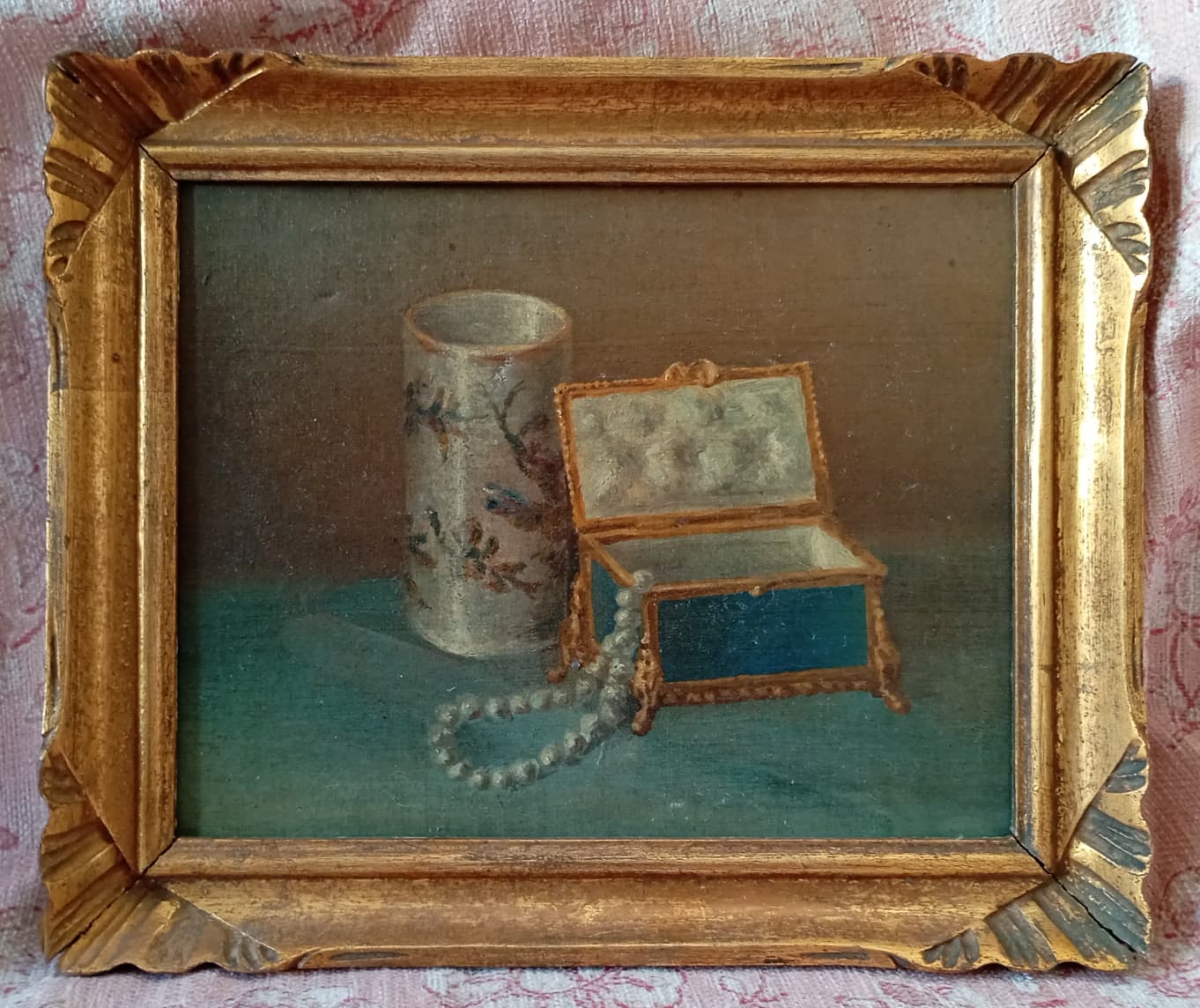 Nature morte ancienne, vase et boite à bijoux