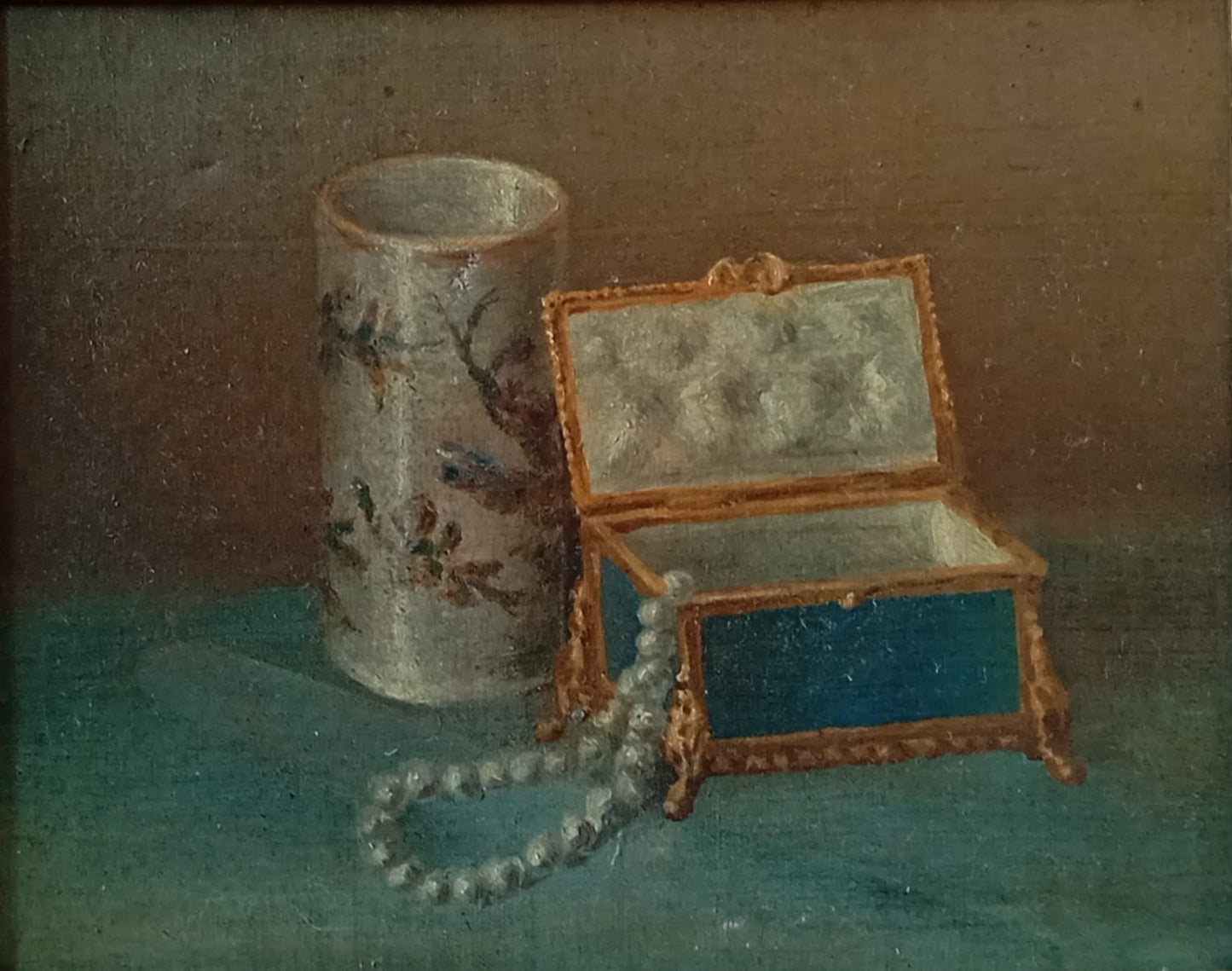 Nature morte ancienne, vase et boite à bijoux